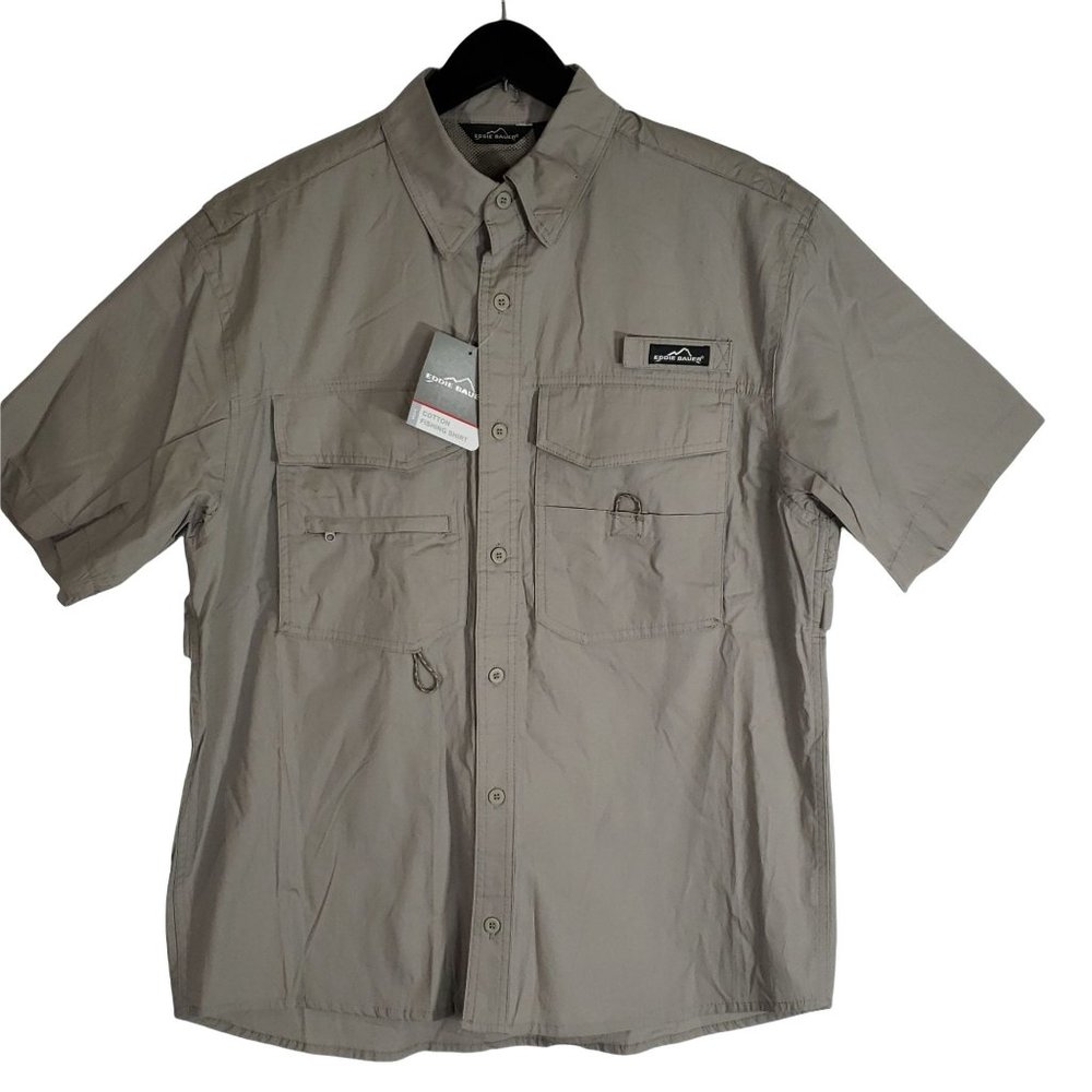 NWT Eddie Bauer Men's Vented Hiking Fishing S/S Shirt Tan Medium. 100% Cotton